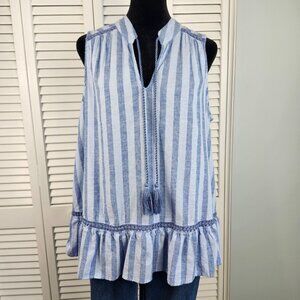 Crown & Ivy Linen Blend Sleeveless Striped A-Line Top L Tassel Tie Ruffle Hem